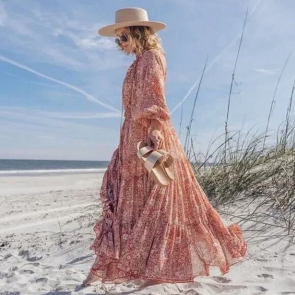 FREE PEOPLE Feeling Groovy Floral Maxi Dress Sheer Flowy Red Combo Sz M {D18} - Picture 1 of 9